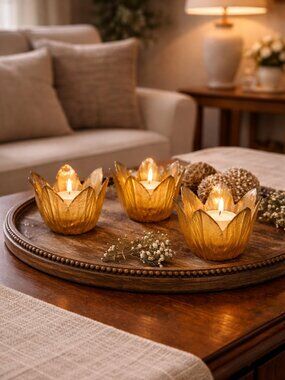 Set of 3 Leaf Glass Candle Holders